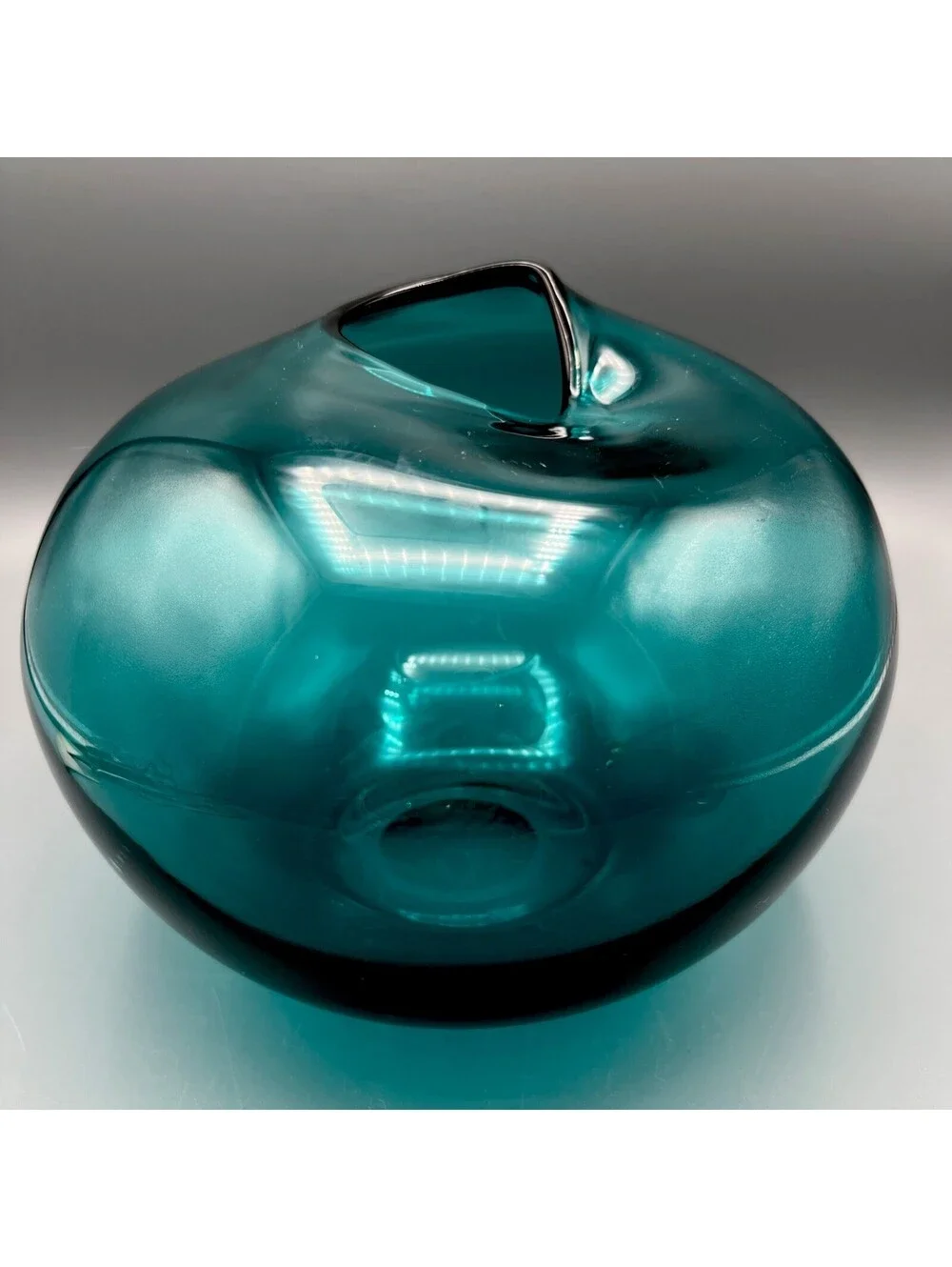 Studio Art Glass Hand Blown Teal Vase Collapsed Pinched Rim Polished Pontil